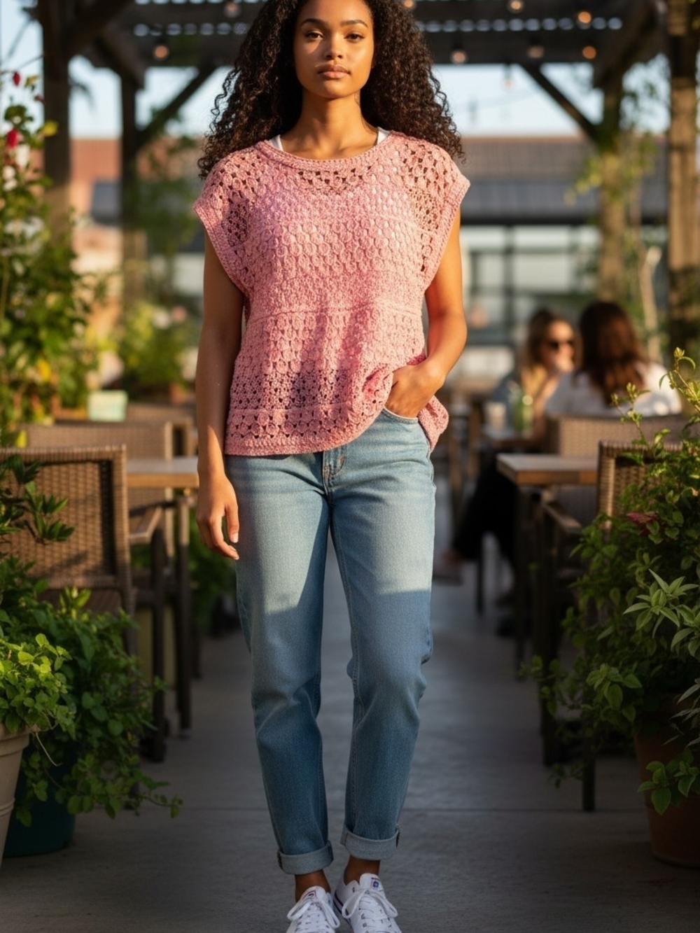 POL Coral Pink Crochet Shell Top
